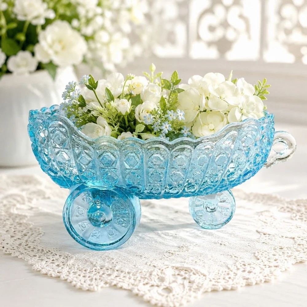 VTG McKee Aqua Glass Baby Carriage Coach Bowl Daisy & Button Candy Dish EAPG